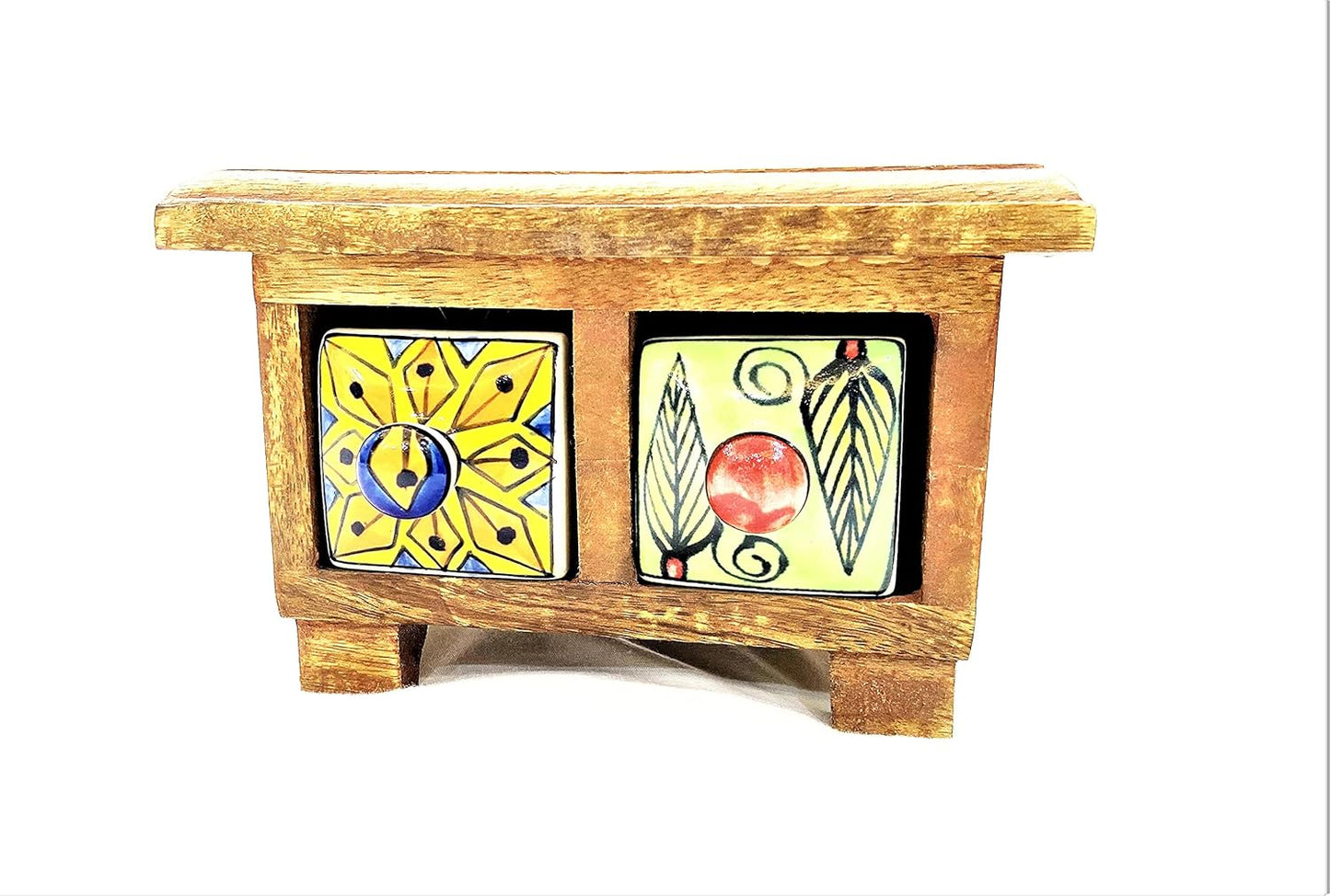 Handmade Wooden and Ceramic 2 Drawers Set of Multi-color Storage Box - Size (WxH): 13 x 13 Inch