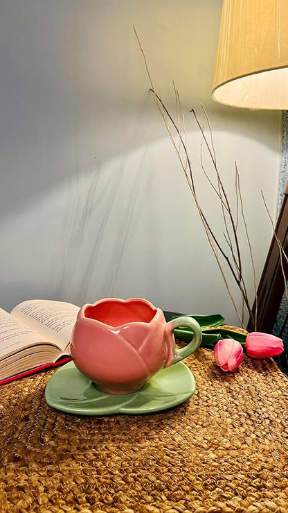 Morwee Tulip Floral pink and green Mug and Saucer Set