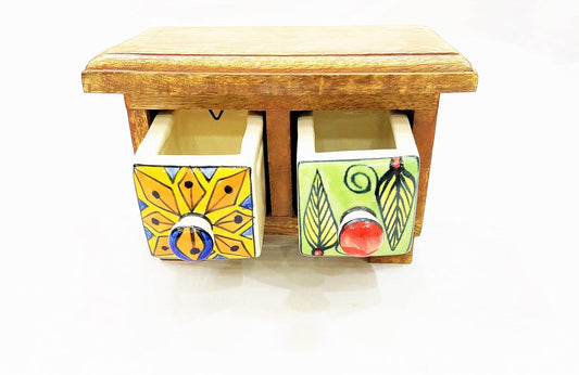 Handmade Wooden and Ceramic 2 Drawers Set of Multi-color Storage Box - Size (WxH): 13 x 13 Inch