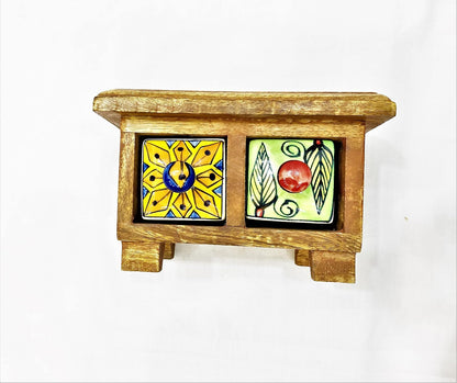 Handmade Wooden and Ceramic 2 Drawers Set of Multi-color Storage Box - Size (WxH): 13 x 13 Inch