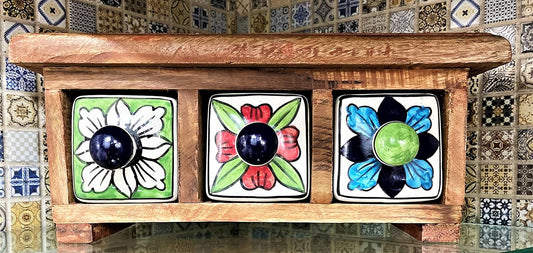 Handmade Wooden and Ceramic 3 Drawers Set of Multi-color Storage Box - Size (WxH): 13 x 13 Inch