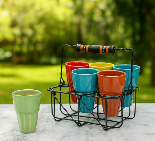 Morwee Mitti Rang Ceramic Cutting Chai Glass With Holder (110 ML) ( set of 6 )