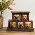 Handmade Wooden and Ceramic 5  Drawers Set of Multi-color Storage Box - Size (WxH): 13 x 13 Inch