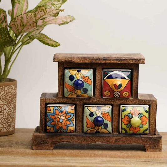 Handmade Wooden and Ceramic 5  Drawers Set of Multi-color Storage Box - Size (WxH): 13 x 13 Inch