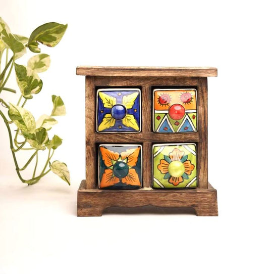 Handmade Wooden and Ceramic 4 Drawers Set of Multi-color Storage Box - Size (WxH): 13 x 13 Inch