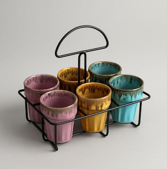Morwee ceramic Cutting Chai Glasses Stand with holder set of 6
