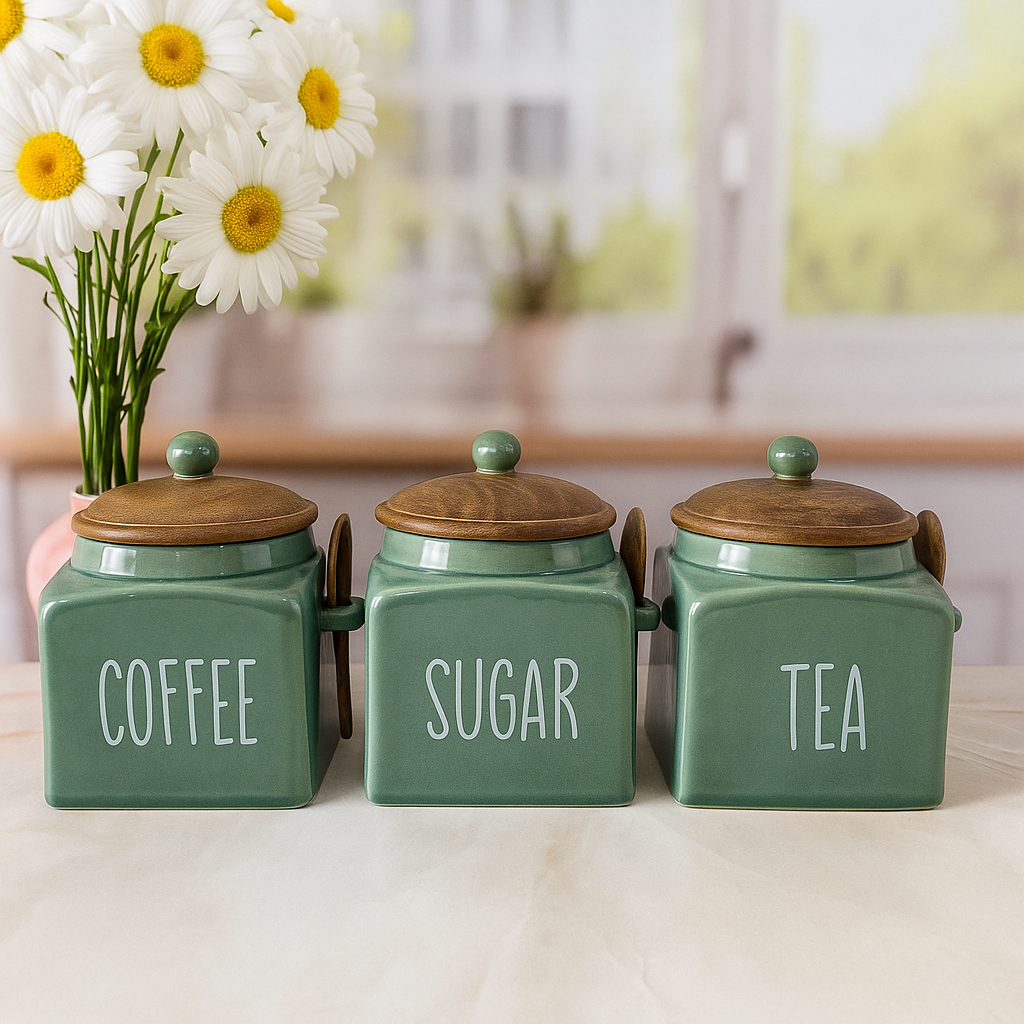 Morwee Green Ceramic Tea Coffee Sugar Jar Set (pack of 3 ) 850ml Each