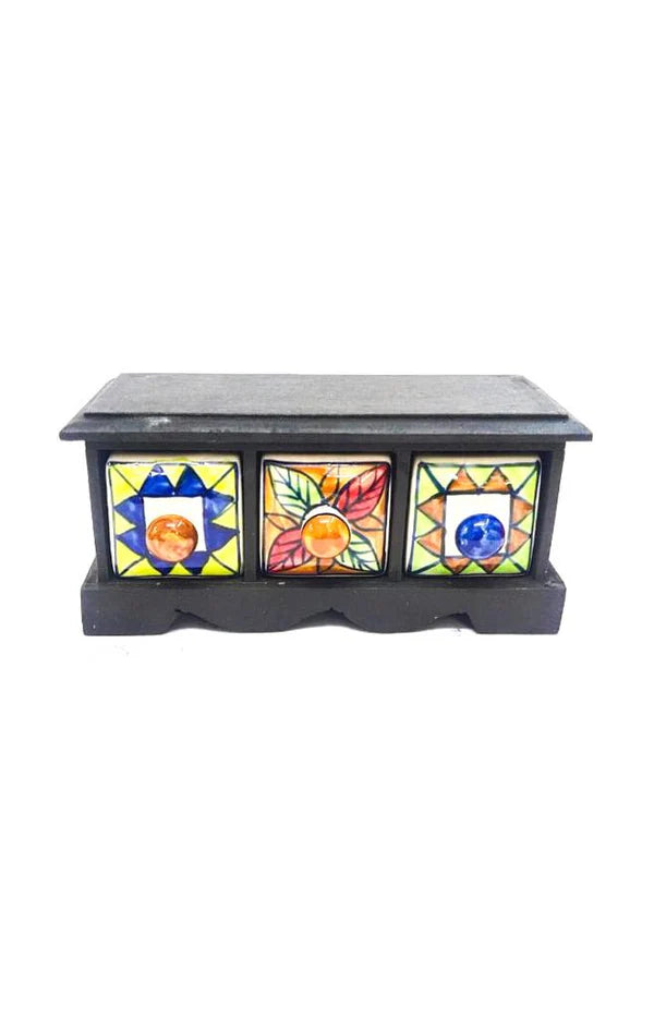Handmade Wooden and Ceramic 3 Drawers Set of Multi-color Storage Box - Size (WxH): 13 x 13 Inch