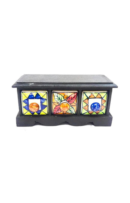 Handmade Wooden and Ceramic 3 Drawers Set of Multi-color Storage Box - Size (WxH): 13 x 13 Inch