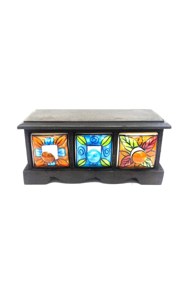 Handmade Wooden and Ceramic 3 Drawers Set of Multi-color Storage Box - Size (WxH): 13 x 13 Inch