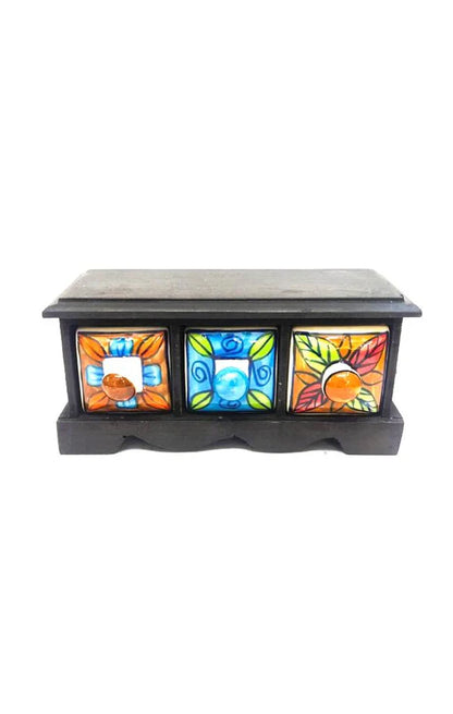 Handmade Wooden and Ceramic 3 Drawers Set of Multi-color Storage Box - Size (WxH): 13 x 13 Inch