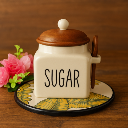 Morwee Beige Ceramic Tea Coffee Sugar Jar Set (pack of 3 ) 650ml Each