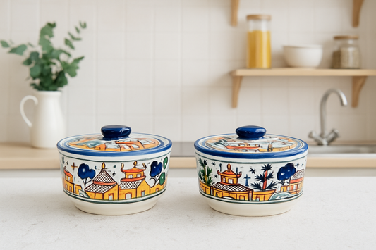 Morwee Handpainted Ceramic Serving Donga with Lid Casserole