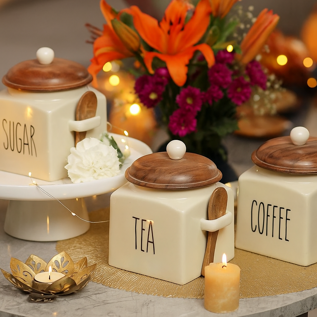 Morwee Beige Ceramic Tea Coffee Sugar Jar Set (pack of 3 ) 650ml Each