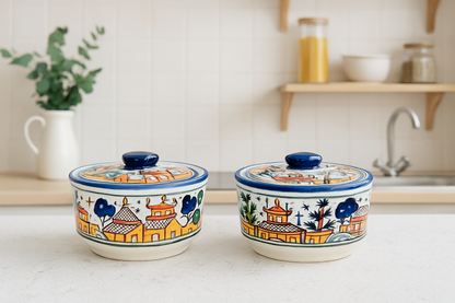 Morwee Handpainted Ceramic Serving Donga with Lid Casserole