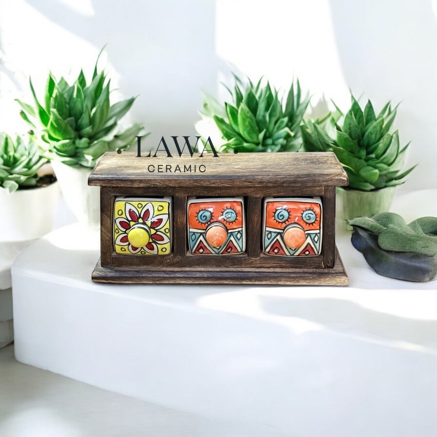 Handmade Wooden and Ceramic 3 Drawers Set of Multi-color Storage Box - Size (WxH): 13 x 13 Inch