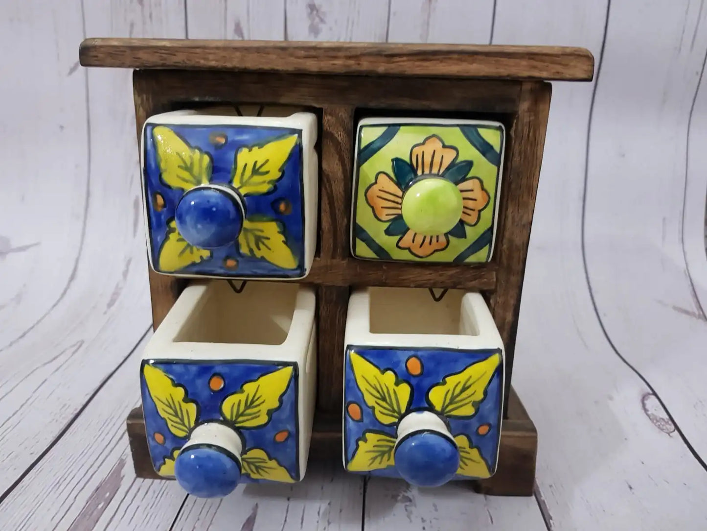 Handmade Wooden and Ceramic 4 Drawers Set of Multi-color Storage Box - Size (WxH): 13 x 13 Inch