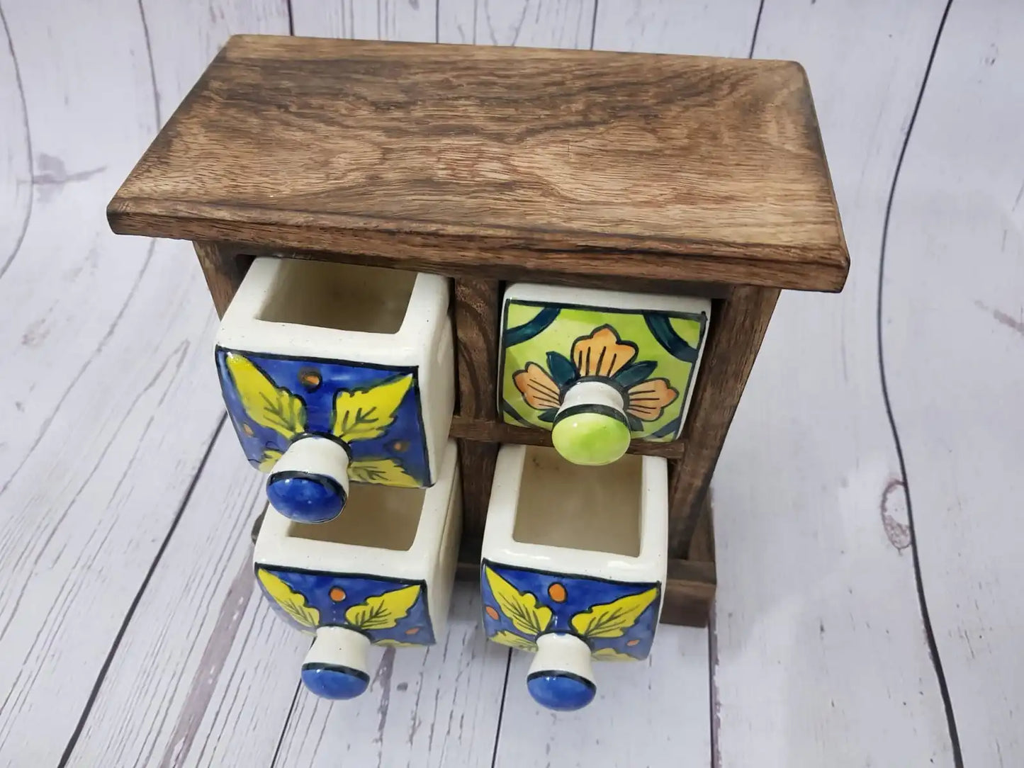 Handmade Wooden and Ceramic 4 Drawers Set of Multi-color Storage Box - Size (WxH): 13 x 13 Inch