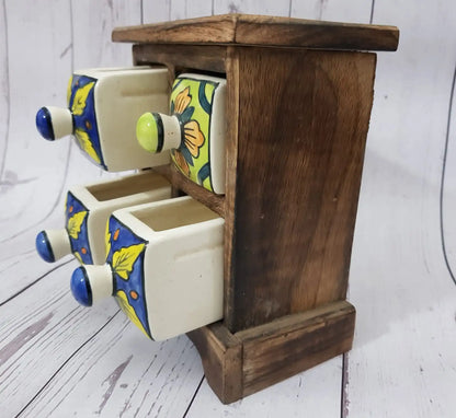 Handmade Wooden and Ceramic 4 Drawers Set of Multi-color Storage Box - Size (WxH): 13 x 13 Inch