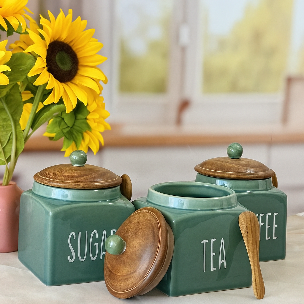 Morwee Green Ceramic Tea Coffee Sugar Jar Set (pack of 3 ) 850ml Each