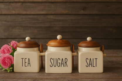 MORWEE Air Tight Containers for Kitchen Storage | Tea Sugar Container Set of 3 | Wooden Lid Container