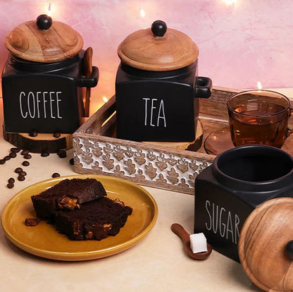 Morwee Black Ceramic Tea Coffee Sugar Jar Set (pack of 3 ) Black/Beige 850ml Each