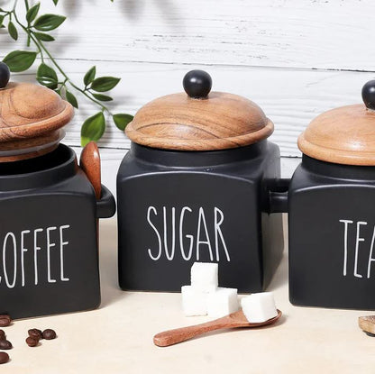Morwee Black Ceramic Tea Coffee Sugar Jar Set (pack of 3 ) Black/Beige 850ml Each