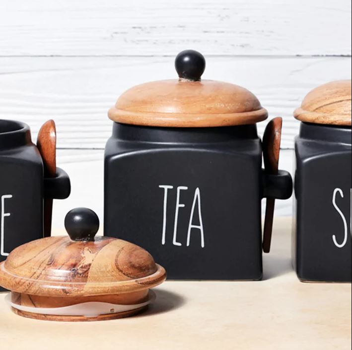 Morwee Black Ceramic Tea Coffee Sugar Jar Set (pack of 3 ) Black/Beige 850ml Each