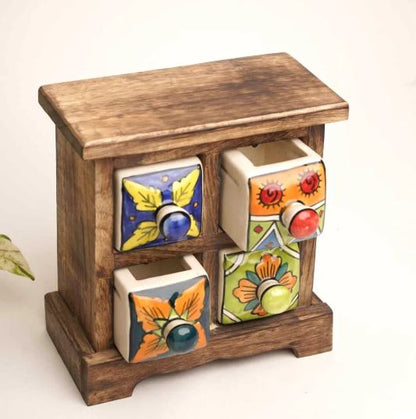 Handmade Wooden and Ceramic 4 Drawers Set of Multi-color Storage Box - Size (WxH): 13 x 13 Inch