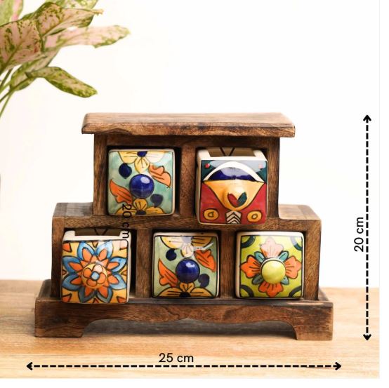 Handmade Wooden and Ceramic 5  Drawers Set of Multi-color Storage Box - Size (WxH): 13 x 13 Inch