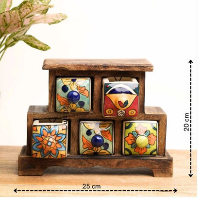 Handmade Wooden and Ceramic 5  Drawers Set of Multi-color Storage Box - Size (WxH): 13 x 13 Inch