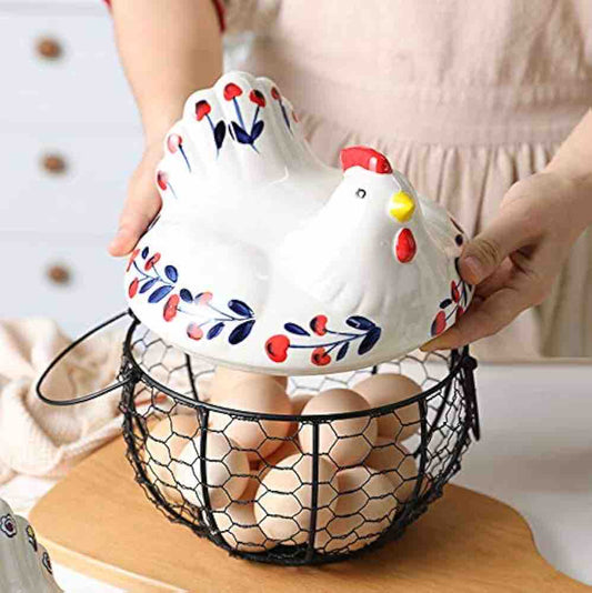 MORWEE Hen Shaped Egg Basket Black Wire Egg Storage Basket with Ceramic Top and Handles Good for Gathering Fresh Eggs and Storing Fruit and Snack