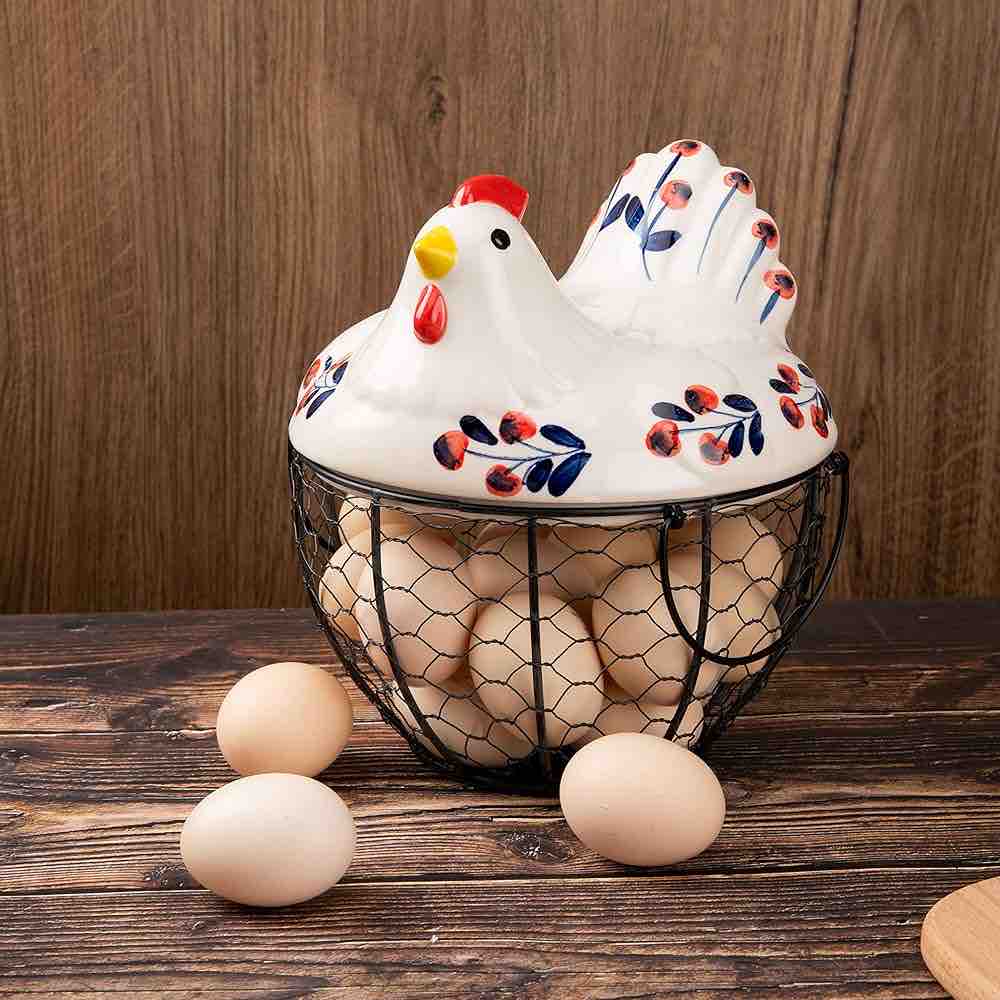 MORWEE Hen Shaped Egg Basket Black Wire Egg Storage Basket with Ceramic Top and Handles Good for Gathering Fresh Eggs and Storing Fruit and Snack