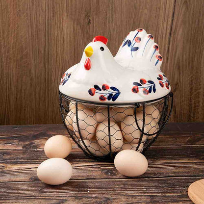 MORWEE Hen Shaped Egg Basket Black Wire Egg Storage Basket with Ceramic Top and Handles Good for Gathering Fresh Eggs and Storing Fruit and Snack
