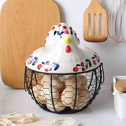 MORWEE Hen Shaped Egg Basket Black Wire Egg Storage Basket with Ceramic Top and Handles Good for Gathering Fresh Eggs and Storing Fruit and Snack