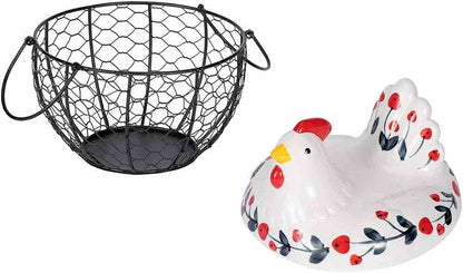 MORWEE Hen Shaped Egg Basket Black Wire Egg Storage Basket with Ceramic Top and Handles Good for Gathering Fresh Eggs and Storing Fruit and Snack