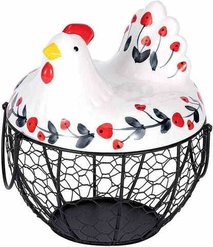 MORWEE Hen Shaped Egg Basket Black Wire Egg Storage Basket with Ceramic Top and Handles Good for Gathering Fresh Eggs and Storing Fruit and Snack