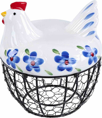 MORWEE Hen Shaped Egg Basket Black Wire Egg Storage Basket with Ceramic Top and Handles Good for Gathering Fresh Eggs and Storing Fruit and Snack
