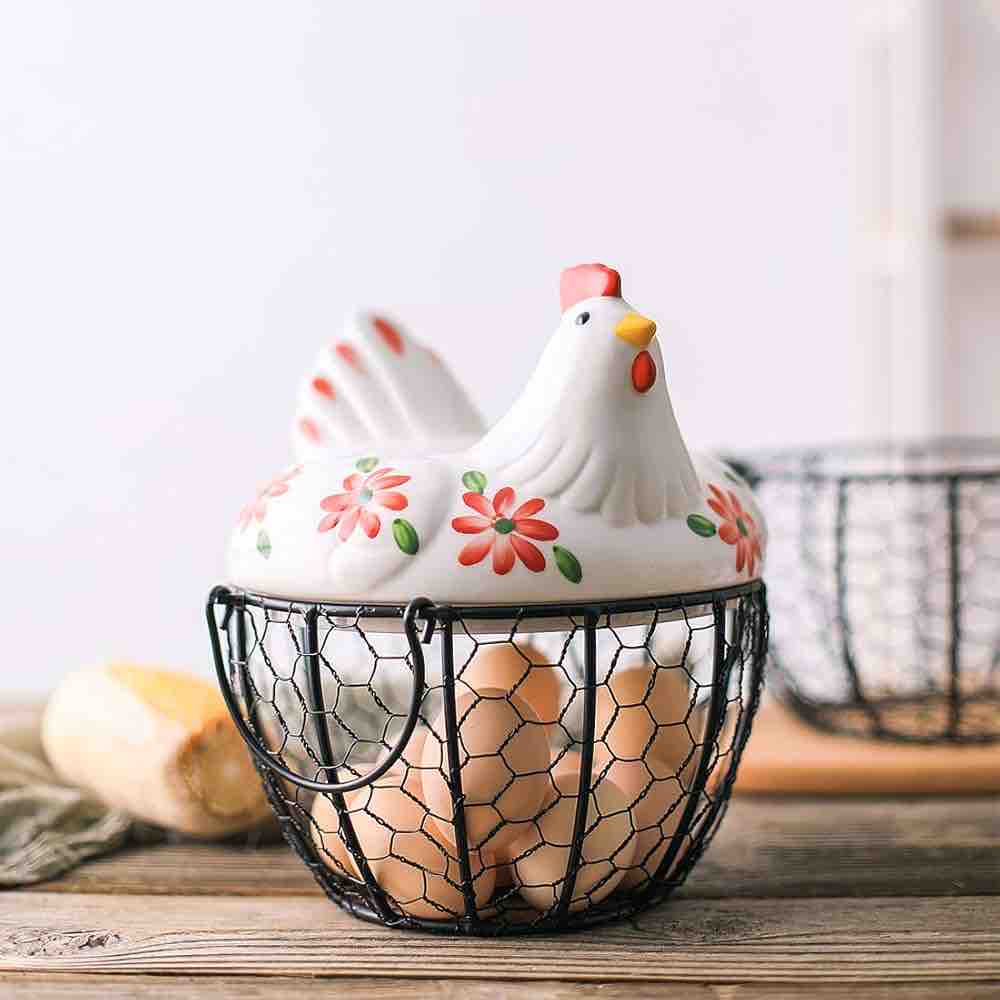 MORWEE Hen Shaped Egg Basket Black Wire Egg Storage Basket with Ceramic Top and Handles Good for Gathering Fresh Eggs and Storing Fruit and Snack
