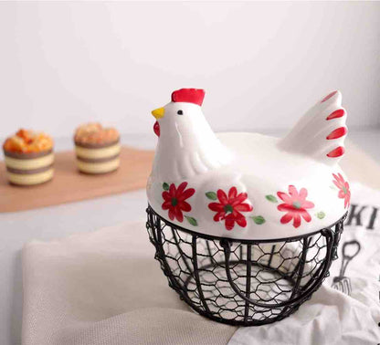 MORWEE Hen Shaped Egg Basket Black Wire Egg Storage Basket with Ceramic Top and Handles Good for Gathering Fresh Eggs and Storing Fruit and Snack