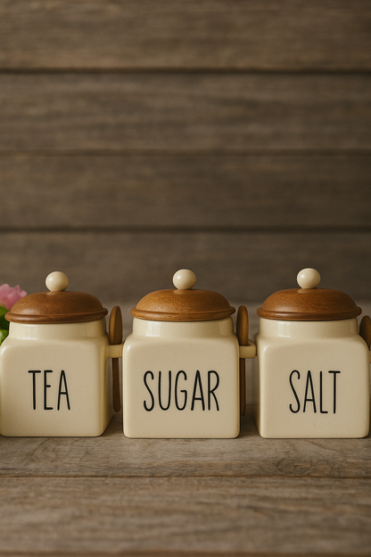 MORWEE Air Tight Containers for Kitchen Storage | Tea Sugar Container Set of 3 | Wooden Lid Container