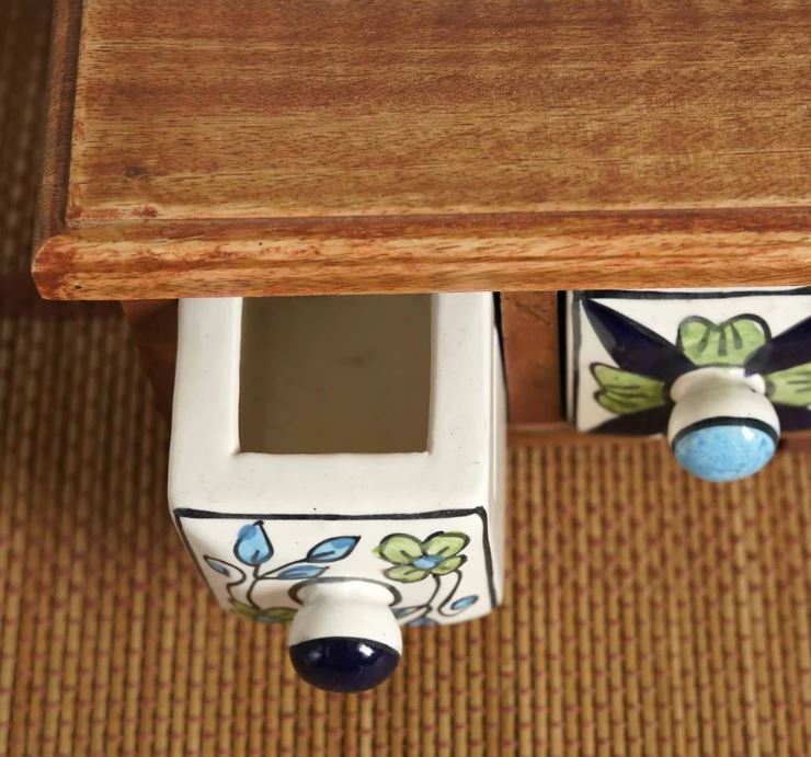 Handmade Wooden and Ceramic 5  Drawers Set of Multi-color Storage Box - Size (WxH): 13 x 13 Inch
