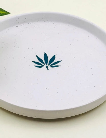 Morwee Ceramic Dinner/pizza Plate (White with Leaf, 8 Inch)