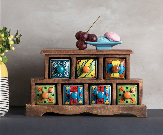 Handmade Wooden and Ceramic 7 Drawers Set of Multi-color Storage Box - Size (WxH): 13 x 13 Inch