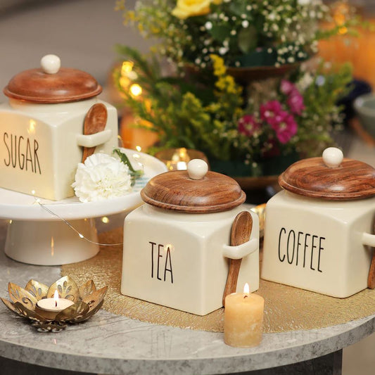 MORWEE Air Tight Containers for Kitchen Storage | Tea Sugar Container Set of 3 | Wooden Lid Container
