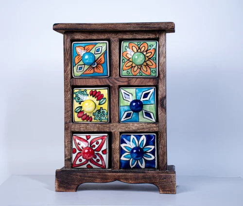Handmade Wooden and Ceramic 6 Drawers Set of Multi-color Storage Box - Size (WxH): 13 x 13 Inch