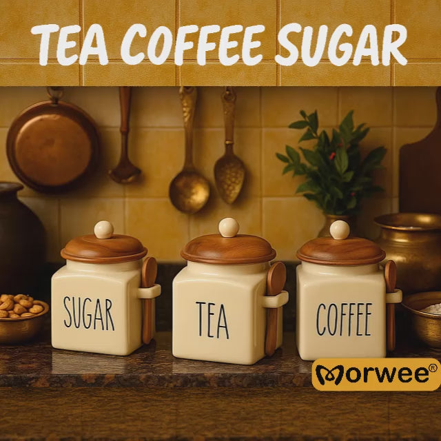Morwee Beige Ceramic Tea Coffee Sugar Jar Set (pack of 3 ) 650ml Each