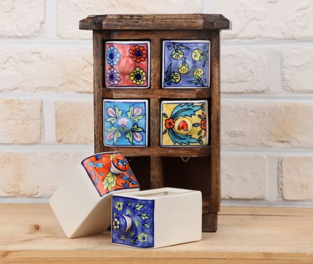 Handmade Wooden and Ceramic 6 Drawers Set of Multi-color Storage Box - Size (WxH): 13 x 13 Inch