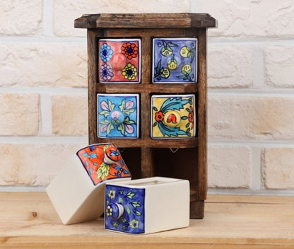 Handmade Wooden and Ceramic 6 Drawers Set of Multi-color Storage Box - Size (WxH): 13 x 13 Inch