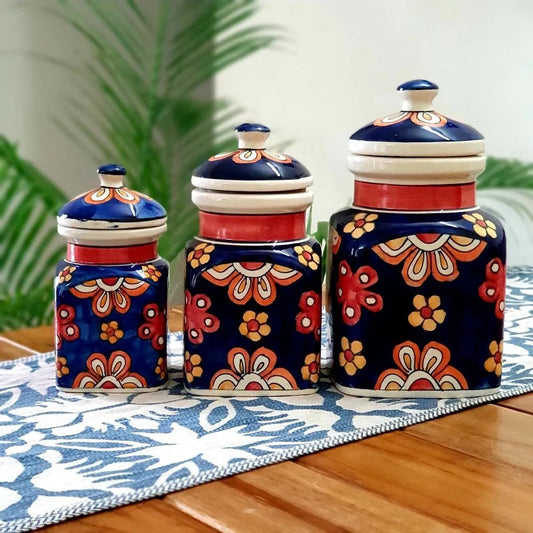 Morwee Blue  HAND PAINTED paint  air tight jar SET of 3